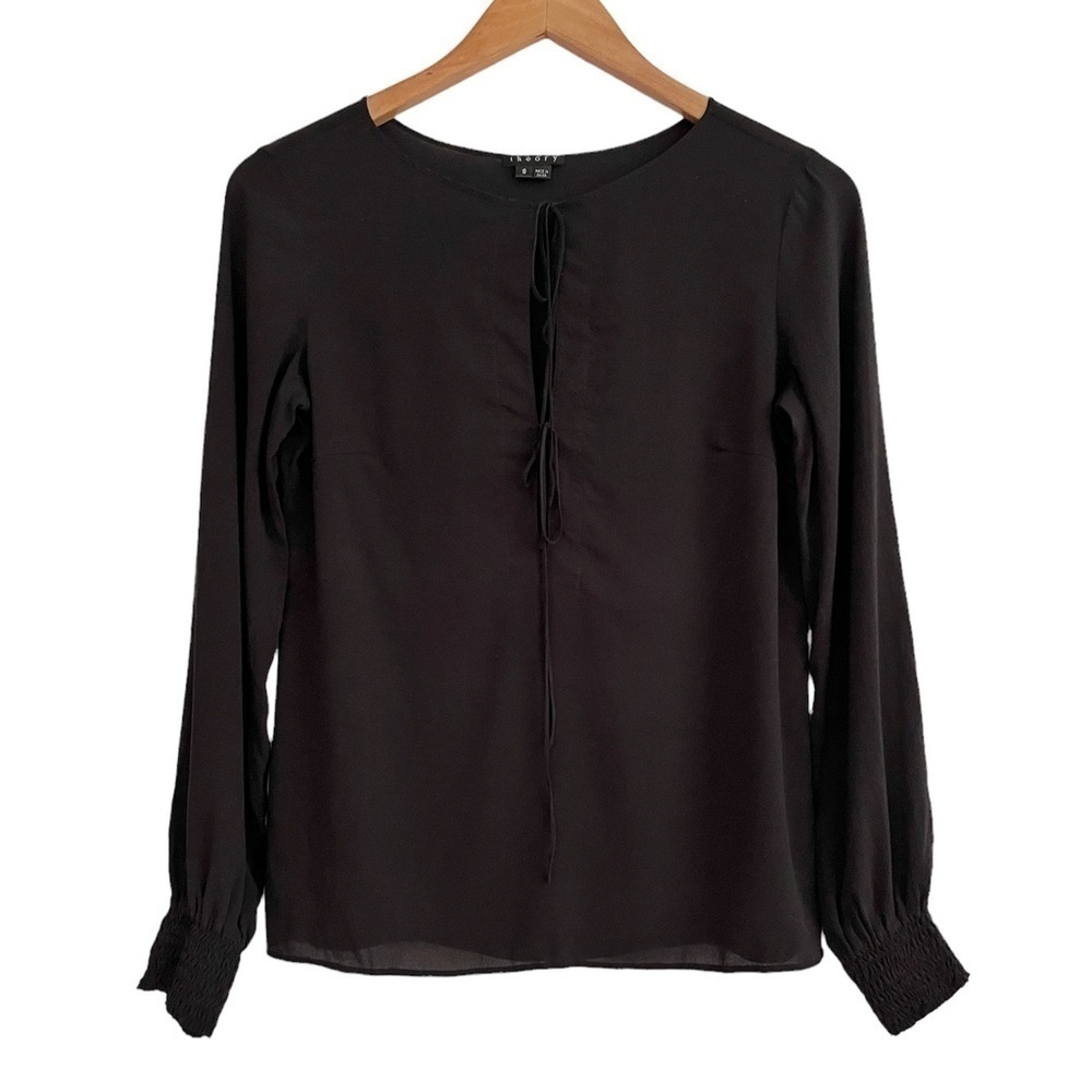 THEORY Silk Lightweight Popover Long Sleeve Blouse Keyhole Front Small B…